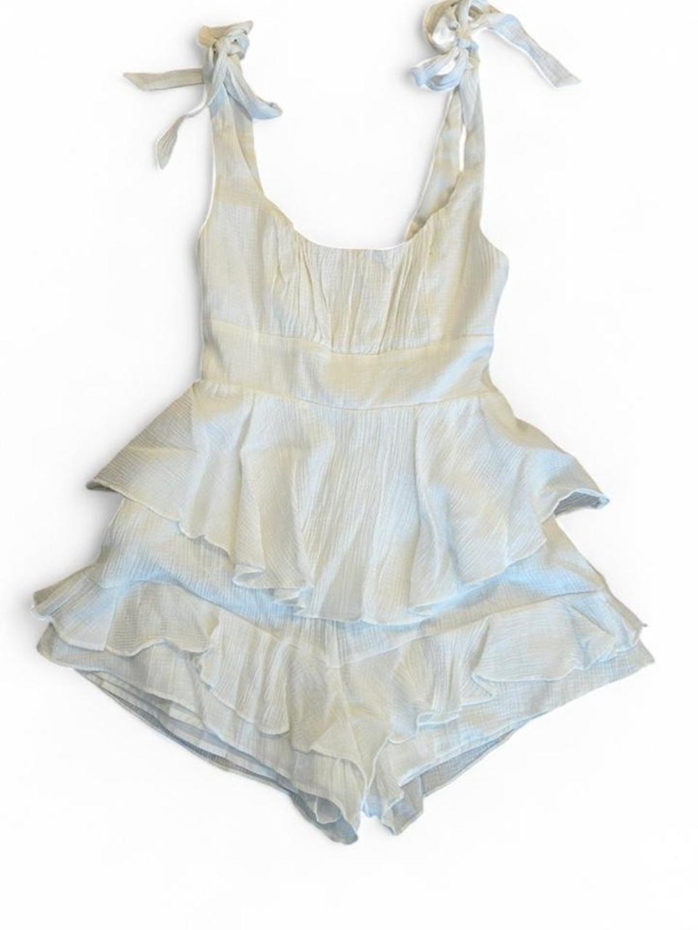 American Threads White Tie-Shoulder Ruffled Romper